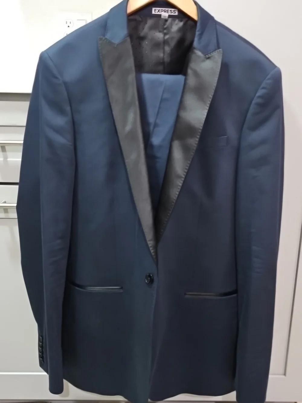 Express Men's Navy Blazer with Black Satin Lapel